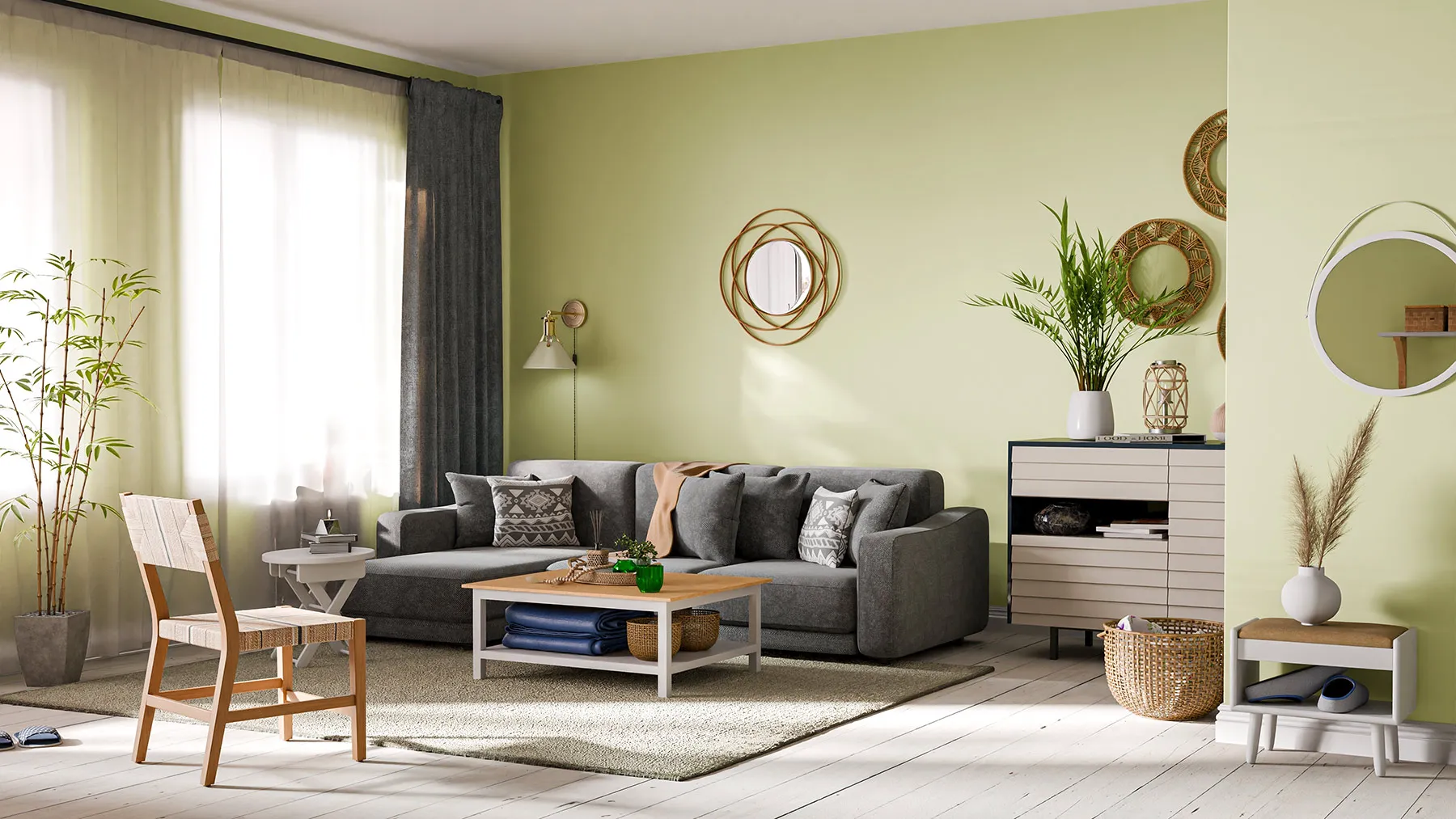 Интерьер в серо-фисташковом оформлении