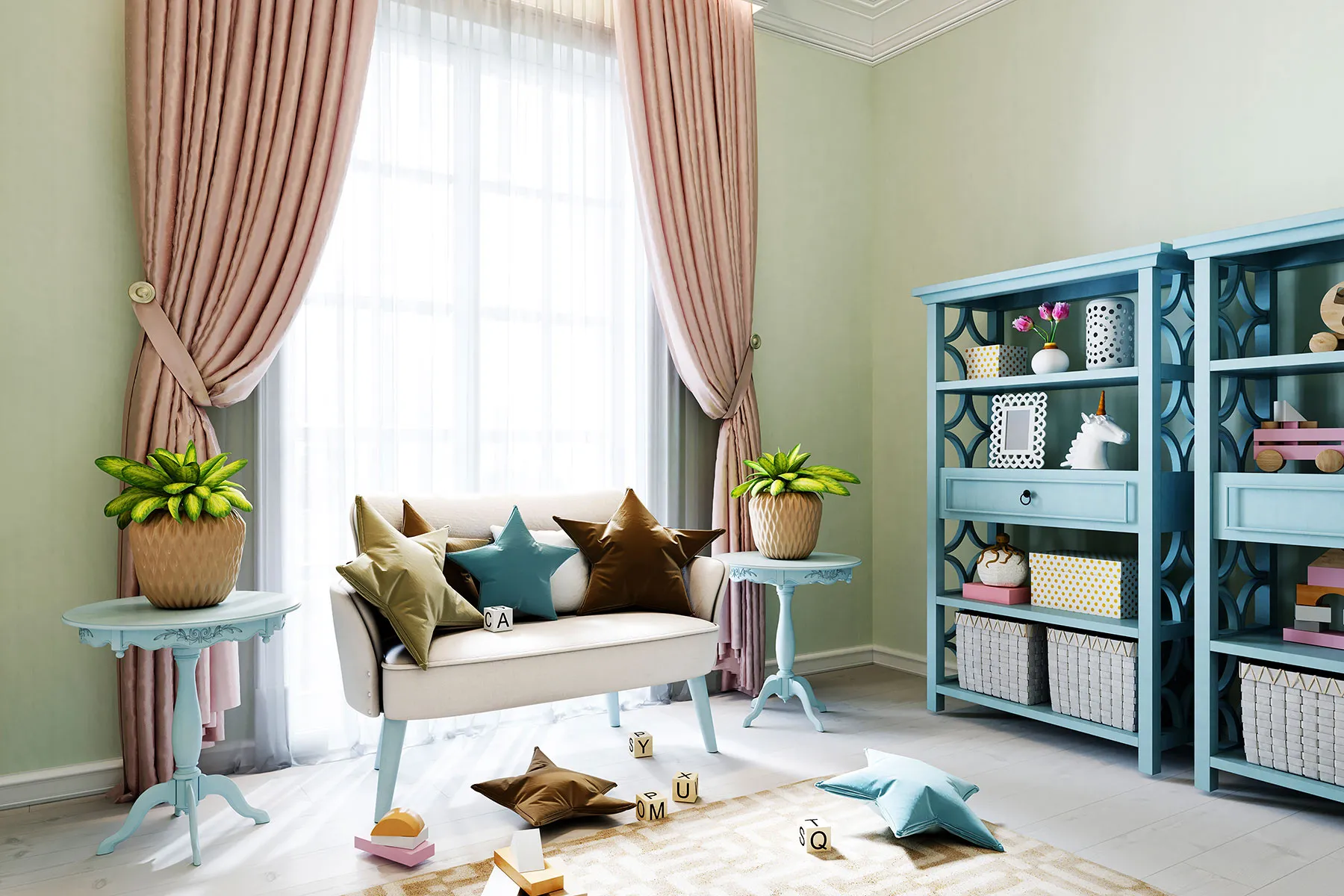 Сочетание фисташкового и голубого цветов