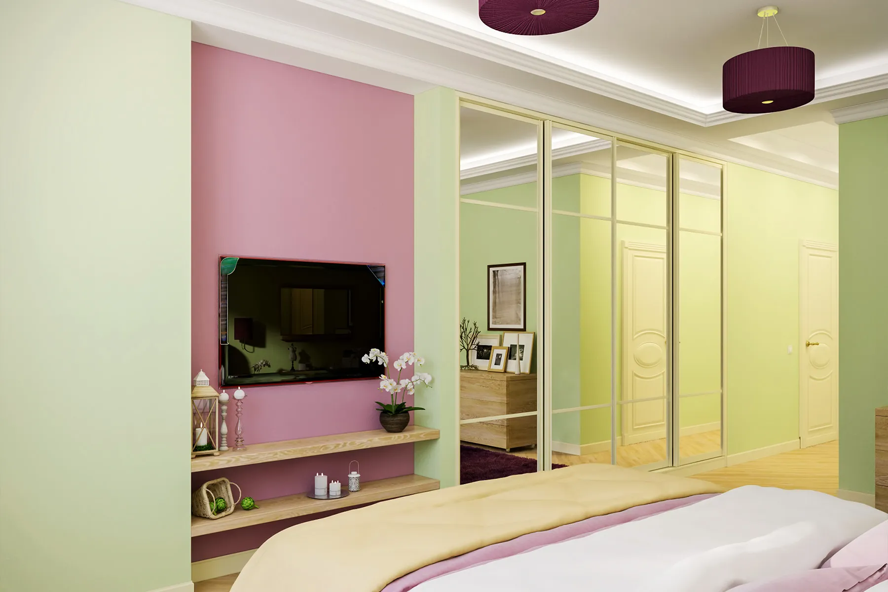 Сочетание фисташкового и лавандового цветов в интерьере спальни