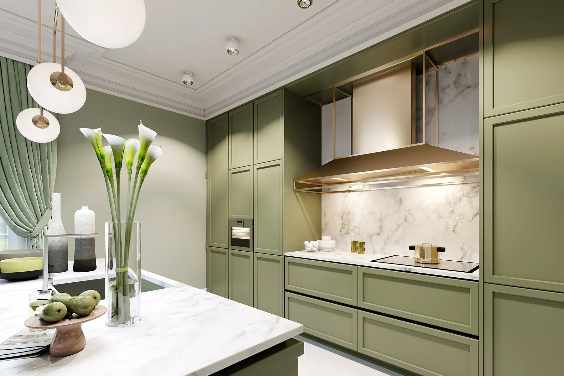 Светлый потолок в фисташковом интерьере